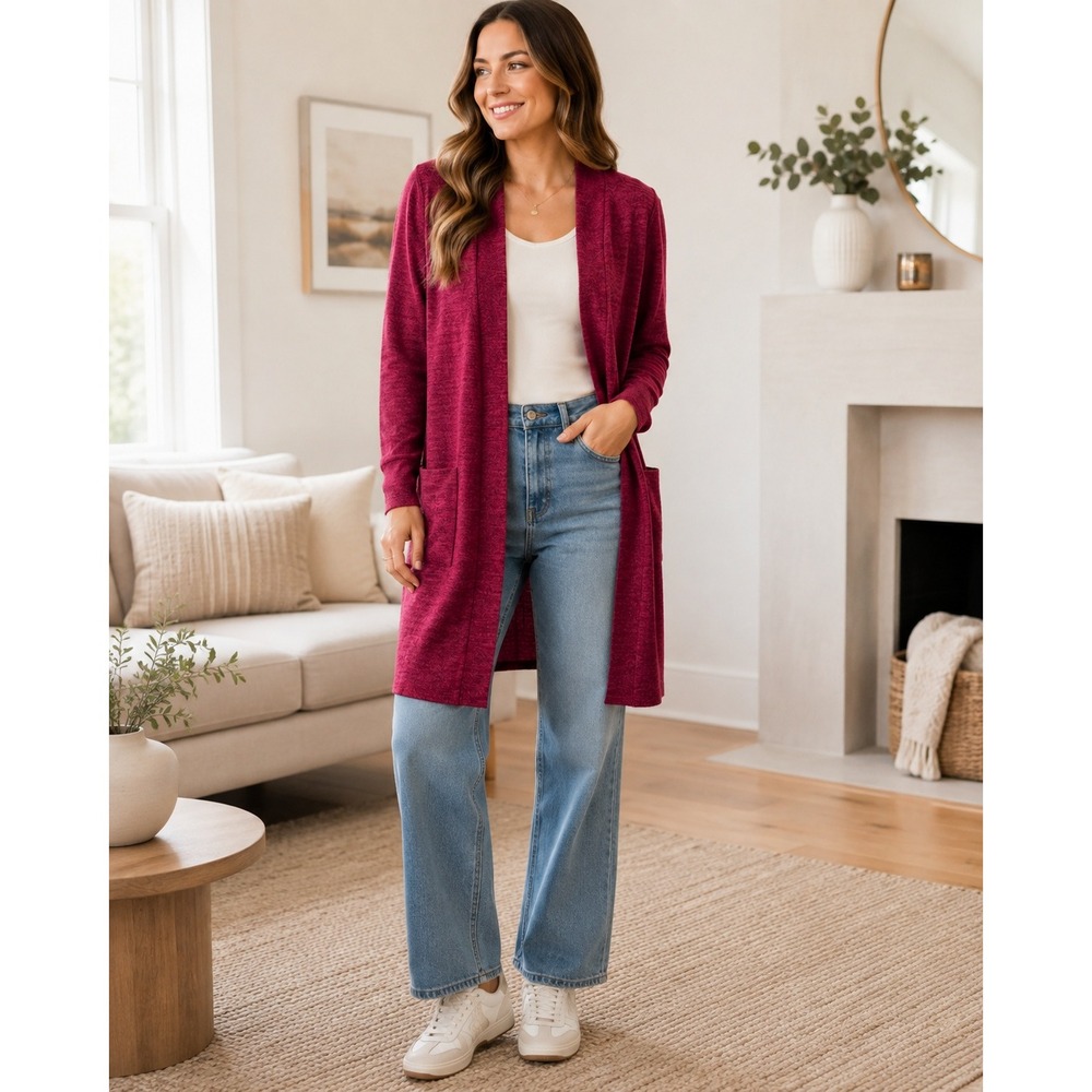 Zenana Outfitters Marled Longline Open Front Cardigan Pockets Medium